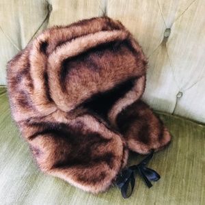 Faux Fur Trapper Hat with Black Ribbon Tie